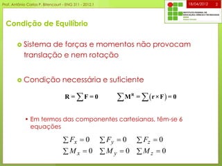 Condição de Equilíbrio
 Sistema de forças e momentos não provocam
translação e nem rotação
 Condição necessária e suficiente
18/04/2012Prof. Antônio Carlos P. Bitencourt - ENG 311 - 2012.1 2
   R
R = F = 0 M = r×F = 0
   
   
000
000
zyx
zyx
MMM
FFF
• Em termos das componentes cartesianas, têm-se 6
equações
 