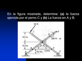 En la figura mostrada, determine: (a) la fuerza
ejercida por el perno C y (b) La fuerza en A y B.
 