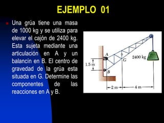 EJEMPLO 01
 Una grúa tiene una masa
de 1000 kg y se utiliza para
elevar el cajón de 2400 kg.
Esta sujeta mediante una
articulación en A y un
balancín en B. El centro de
gravedad de la grúa esta
situada en G. Determine las
componentes de las
reacciones en A y B.
 