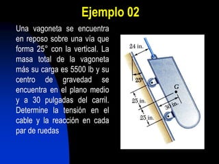 Ejemplo 02
Una vagoneta se encuentra
en reposo sobre una vía que
forma 25° con la vertical. La
masa total de la vagoneta
más su carga es 5500 lb y su
centro de gravedad se
encuentra en el plano medio
y a 30 pulgadas del carril.
Determine la tensión en el
cable y la reacción en cada
par de ruedas
 