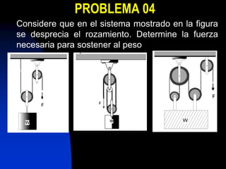 PROBLEMA 04
Considere que en el sistema mostrado en la figura
se desprecia el rozamiento. Determine la fuerza
necesaria para sostener al peso
 