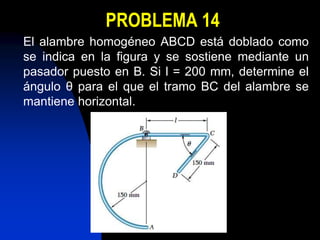 PROBLEMA 14
El alambre homogéneo ABCD está doblado como
se indica en la figura y se sostiene mediante un
pasador puesto en B. Si l = 200 mm, determine el
ángulo θ para el que el tramo BC del alambre se
mantiene horizontal.
 