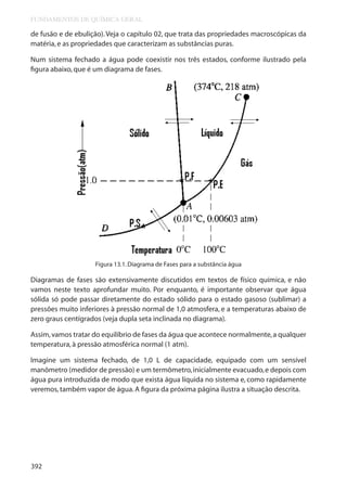 FUNDAMENTOS DE QUÍMICA GERAL

de fusão e de ebulição). Veja o capítulo 02, que trata das propriedades macroscópicas da
matéria, e as propriedades que caracterizam as substâncias puras.
Num sistema fechado a água pode coexistir nos três estados, conforme ilustrado pela
figura abaixo, que é um diagrama de fases.

Figura 13.1. Diagrama de Fases para a substância água

Diagramas de fases são extensivamente discutidos em textos de físico química, e não
vamos neste texto aprofundar muito. Por enquanto, é importante observar que água
sólida só pode passar diretamente do estado sólido para o estado gasoso (sublimar) a
pressões muito inferiores à pressão normal de 1,0 atmosfera, e a temperaturas abaixo de
zero graus centígrados (veja dupla seta inclinada no diagrama).
Assim, vamos tratar do equilíbrio de fases da água que acontece normalmente, a qualquer
temperatura, à pressão atmosférica normal (1 atm).
Imagine um sistema fechado, de 1,0 L de capacidade, equipado com um sensível
manômetro (medidor de pressão) e um termômetro, inicialmente evacuado, e depois com
água pura introduzida de modo que exista água líquida no sistema e, como rapidamente
veremos, também vapor de água. A figura da próxima página ilustra a situação descrita.

392

 