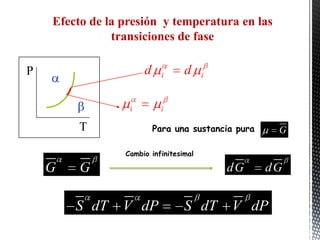 Efecto de la presión y temperatura en las
               transiciones de fase

P                       d     i     d     i


        P
                    i        i

            T               Para una sustancia pura    G

                   Cambio infinitesimal

    G       G                                 dG      dG


            S dT   V dP             S dT      V dP
 