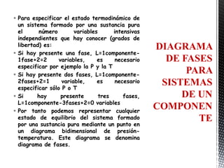  Para especificar el estado termodinámico de
  un sistema formado por una sustancia pura
  el      número        variables      intensivas
  independientes que hay conocer (grados de
  libertad) es:                                     DIAGRAMA
 Si hay presente una fase, L=1componente-
  1fase+2=2       variables,     es     necesario     DE FASES
  especificar por ejemplo la P y la T
 Si hay presente dos fases, L=1componente-
                                                          PARA
  2fases+2=1       variable,     es     necesario    SISTEMAS
  especificar sólo P o T
 Si     hay       presente       tres     fases,        DE UN
  L=1componente-3fases+2=0 variables
 Por tanto podemos representar cualquier
                                                    COMPONEN
  estado de equilibrio del sistema formado                  TE
  por una sustancia pura mediante un punto en
  un diagrama bidimensional de presión-
  temperatura. Este diagrama se denomina
  diagrama de fases.
 