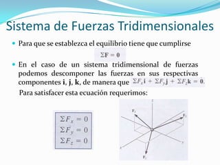 Sistema de Fuerzas Tridimensionales
 Para que se establezca el equilibrio tiene que cumplirse
 En el caso de un sistema tridimensional de fuerzas
podemos descomponer las fuerzas en sus respectivas
componentes i, j, k, de manera que
Para satisfacer esta ecuación requerimos:
 