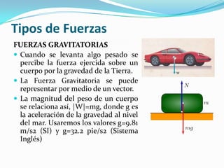 Tipos de Fuerzas
FUERZAS GRAVITATORIAS
 Cuando se levanta algo pesado se
percibe la fuerza ejercida sobre un
cuerpo por la gravedad de la Tierra.
 La Fuerza Gravitatoria se puede
representar por medio de un vector.
 La magnitud del peso de un cuerpo
se relaciona así, |W|=mg, donde g es
la aceleración de la gravedad al nivel
del mar. Usaremos los valores g=9.81
m/s2 (SI) y g=32.2 pie/s2 (Sistema
Inglés)
 
