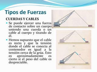Tipos de Fuerzas
CUERDAS Y CABLES
 Se puede ejercer una fuerza
de contacto sobre un cuerpo
uniendo una cuerda o un
cable al cuerpo y tirando de
él.
 Hemos supuesto que el cable
es recto y que la tensión
donde el cable se conecta al
contenedor es igual a la
tensión cerca de la grúa. Esto
es aproximadamente es
cierto si el peso del cable es
despreciable.
 