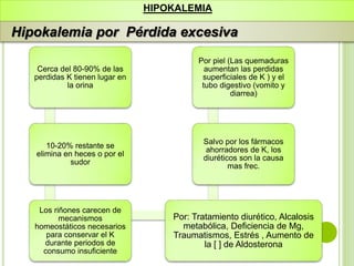 Cerca del 80-90% de las
perdidas K tienen lugar en
la orina
10-20% restante se
elimina en heces o por el
sudor
Los riñones carecen de
mecanismos
homeostáticos necesarios
para conservar el K
durante periodos de
consumo insuficiente
Por: Tratamiento diurético, Alcalosis
metabólica, Deficiencia de Mg,
Traumatismos, Estrés , Aumento de
la [ ] de Aldosterona
Salvo por los fármacos
ahorradores de K, los
diuréticos son la causa
mas frec.
Por piel (Las quemaduras
aumentan las perdidas
superficiales de K ) y el
tubo digestivo (vomito y
diarrea)
HIPOKALEMIA
Hipokalemia por Pérdida excesiva
 