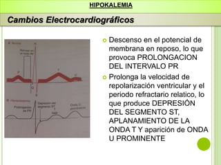  Descenso en el potencial de
membrana en reposo, lo que
provoca PROLONGACION
DEL INTERVALO PR
 Prolonga la velocidad de
repolarización ventricular y el
periodo refractario relatico, lo
que produce DEPRESIÓN
DEL SEGMENTO ST,
APLANAMIENTO DE LA
ONDA T Y aparición de ONDA
U PROMINENTE
HIPOKALEMIA
Cambios Electrocardiográficos
 