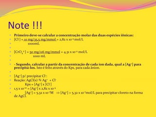 Note !!!
 Primeiro deve-se calcular a concentração molar das duas espécies iônicas:
 [Cl-] = 10 mg/35,5 mg/mmol = 2,82 x 10-4 mol/L
 1000mL

 [CrO4
2-] = 50 mg/116 mg/mmol = 4,31 x 10-4 mol/L
 1000 mL

 - Segundo, calcular a partir da concentração de cada íon dada, qual a [Ag+] para
precipitá-los. Isto é feito através do Kps, para cada ânion.

 [Ag+] p/ precipitar Cl-:
 Reação: AgCl(s)  Ag+ + Cl-
 Kps = [Ag+] x [Cl-]
 1,5 x 10-10 = [Ag+] x 2,82 x 10-4
 [Ag+] = 5,32 x 10-7M [Ag+] > 5,32 x 10-7mol/L para precipitar cloreto na forma
de AgCl.
 
