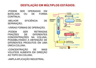 DESTILAÇÃO EM MÚLTIPLOS ESTÁGIOS:
-PODEM SER OPERADAS EM
BATELADA OU DE FORMA
CONTÍNUA;
-MELHOR EFICIÊNCIA DE
SEPARAÇÃO;
-VÁRIAS FORMAS DE OPERAÇÃO;
-PODEM SER RETIRADAS
FRAÇÕES DE DIFERENTESFRAÇÕES DE DIFERENTES
CONCENTRAÇÕES NA COLUNA,
POSSIBILITANDO A OBTENÇÃO DE
DIFERENTES PRODUTOS EM UMA
ÚNICA COLUNA;
-CONCENTRAÇÃO DE MAIS
VOLÁTEIS AUMENTA EM DIREÇÃO
AO TOPO DA COLUNA;
-AMPLA APLICAÇÃO INDUSTRIAL.
 