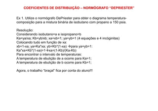COEFICIENTES DE DISTRIBUIÇÃO – NORMÓGRAFO “DEPRIESTER”
Ex 1. Utilize o normógrafo DePriester para obter o diagrama temperatura-
composição para a mistura binária de isobutano com propano a 150 psia.
Resolução:
Considerando isobutano=a e isopropano=b
Ka=ya/xa; Kb=yb/xb; xa+xb=1; ya+yb=1 (4 equações e 4 incóginitas)
Colocando tudo em função de xa:
xb=1-xa; ya=Ka*xa; yb=Kb*(1-xa) para ya+yb=1:
Ka*xa+Kb*(1-xa)=1 xa=(1-Kb)/(Ka-Kb)
Para encontrar o intervalo de temperaturas:Para encontrar o intervalo de temperaturas:
A temperatura de ebulição de a ocorre para Ka=1;
A temperatura de ebulição de b ocorre para Kb=1;
Agora, o trabalho “braçal” fica por conta do aluno!!!
 