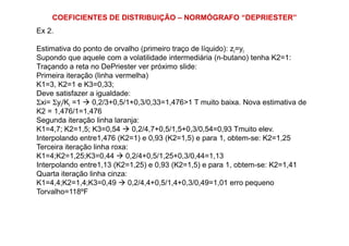 COEFICIENTES DE DISTRIBUIÇÃO – NORMÓGRAFO “DEPRIESTER”
Ex 2.
Estimativa do ponto de orvalho (primeiro traço de líquido): zi=yi
Supondo que aquele com a volatilidade intermediária (n-butano) tenha K2=1:
Traçando a reta no DePriester ver próximo slide:
Primeira iteração (linha vermelha)
K1=3, K2=1 e K3=0,33;
Deve satisfazer a igualdade:
Σxi= Σyi/Ki =1 0,2/3+0,5/1+0,3/0,33=1,476>1 T muito baixa. Nova estimativa de
K2 = 1,476/1=1,476
Segunda iteração linha laranja:Segunda iteração linha laranja:
K1=4,7; K2=1,5; K3=0,54 0,2/4,7+0,5/1,5+0,3/0,54=0,93 Tmuito elev.
Interpolando entre1,476 (K2=1) e 0,93 (K2=1,5) e para 1, obtem-se: K2=1,25
Terceira iteração linha roxa:
K1=4;K2=1,25;K3=0,44 0,2/4+0,5/1,25+0,3/0,44=1,13
Interpolando entre1,13 (K2=1,25) e 0,93 (K2=1,5) e para 1, obtem-se: K2=1,41
Quarta iteração linha cinza:
K1=4,4;K2=1,4;K3=0,49 0,2/4,4+0,5/1,4+0,3/0,49=1,01 erro pequeno
Torvalho=118ºF
 