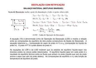 BALANÇO MATERIAL (MISTURAS BINÁRIAS):
DESTILAÇÃO COM RETIFICAÇÃO
A equação (10) é denominada Linha de Operação da Dessorção (LOD) e mostra a relação
entre as composições de equilíbrio de dois pratos consecutivos da Seção de Dessorção. A
equação relaciona ym+1 (composição do vapor do prato m+1) e xm (composição do líquido do
prato m). O prato m+1 é o prato abaixo do prato m.
As equações da LOR e da LOD mostram que os estados de equilíbrio líquido-vapor nos
diversos pratos na coluna estão relacionados. O equilíbrio líquido-vapor em cada prato é o
resultado do equilíbrio térmico entre os fluxos que entram no prato (líquido que vem do prato
acima e vapor que vem do prato abaixo). As composições de equilíbrio x e y são função da
temperatura de equilíbrio do prato.
 