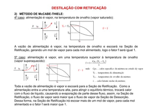 DESTILAÇÃO COM RETIFICAÇÃO
2) MÉTODO DE McCABE-THIELE:
4º caso: alimentação é vapor, na temperatura de orvalho (vapor saturado):
A vazão de alimentação é vapor, na temperatura de orvalho e escoará na Seção de
Retificação, gerando um mol de vapor para cada mol alimentado, logo o fator f será igual 1.
5º caso: alimentação é vapor, em uma temperatura superior à temperatura de orvalho5º caso: alimentação é vapor, em uma temperatura superior à temperatura de orvalho
(vapor superaquecido):
Toda a vazão de alimentação é vapor e escoará para a Seção de Retificação. Como a
alimentação entra a uma temperatura alta, para atingir o equilíbrio térmico, trocará calor
com o fluxo de líquido, causando a evaporação de parte desse fluxo, assim, na Seção de
Retificação, o fluxo de vapor será maior que o fluxo de vapor da Seção de Dessorção.
Dessa forma, na Seção de Retificação irá escoar mais de um mol de vapor, para cada mol
alimentado e o fator f será maior que 1.
 