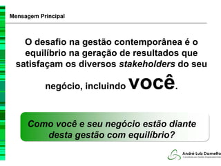 Mensagem Principal



    O desafio na gestão contemporânea é o
    equilíbrio na geração de resultados que
  satisfaçam os diversos stakeholders do seu

           negócio, incluindo   você.
     Como você e seu negócio estão diante
        desta gestão com equilíbrio?
 