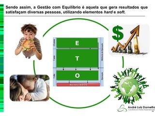 Sendo assim, a Gestão com Equilíbrio é aquela que gera resultados que
satisfaçam diversas pessoas, utilizando elementos hard e soft.




                                 E

                                 T

                                 O




                                                                        34
 