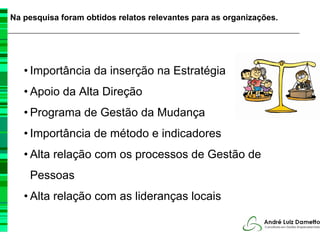 Na pesquisa foram obtidos relatos relevantes para as organizações.




   • Importância da inserção na Estratégia
   • Apoio da Alta Direção
   • Programa de Gestão da Mudança
   • Importância de método e indicadores
   • Alta relação com os processos de Gestão de
    Pessoas
   • Alta relação com as lideranças locais
 