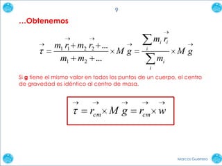 9

…Obtenemos

m1 r1 m2 r2 ...
Mg
m1 m2 ...

mi ri
i

mi

Mg

i

Si g tiene el mismo valor en todos los puntos de un cuerpo, el centro
de gravedad es idéntico al centro de masa.

rcm M g

rcm w

Marcos Guerrero

 
