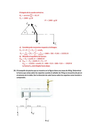 El ángulo de la cuerda central es:
𝜽𝜽𝟏𝟏 = 𝒂𝒂𝒂𝒂𝒂𝒂𝒂𝒂𝒂𝒂𝒂𝒂 �
𝟔𝟔
𝟖𝟖
� = 𝟒𝟒𝟒𝟒,𝟒𝟒º
𝑻𝑻𝟏𝟏 = (𝟒𝟒𝟒𝟒𝟒𝟒 ∗ 𝒈𝒈 )𝑵𝑵
𝑷𝑷 = (𝟏𝟏𝟏𝟏𝟏𝟏 ∗ 𝒈𝒈)𝑵𝑵
a) Considerando momentos respecto a la bisagra:
𝑻𝑻𝟏𝟏 ∗ 𝒍𝒍 + 𝑷𝑷 ∗
𝒍𝒍
𝟐𝟐
= 𝑻𝑻𝟐𝟐 ∗
𝒍𝒍
𝟐𝟐
∗ 𝒔𝒔𝒔𝒔𝒔𝒔𝜽𝜽𝟏𝟏
𝑻𝑻𝟐𝟐 =
𝟐𝟐
𝒔𝒔𝒔𝒔𝒔𝒔𝜽𝜽𝟏𝟏
∗ �𝑻𝑻𝟏𝟏 +
𝑷𝑷
𝟐𝟐
� =
𝟐𝟐
𝒔𝒔𝒔𝒔𝒔𝒔𝒔𝒔𝒔𝒔,𝟒𝟒
∗ (𝟒𝟒𝟒𝟒𝟒𝟒 + 𝟓𝟓𝟓𝟓) ∗ 𝟗𝟗, 𝟖𝟖𝟖𝟖 = 𝟏𝟏𝟏𝟏𝟏𝟏𝟏𝟏𝟏𝟏 𝑵𝑵
b) Mirando el equilibrio de fuerzas:
𝑭𝑭𝑯𝑯𝑯𝑯 = 𝑻𝑻𝟐𝟐 ∗ 𝒄𝒄𝒄𝒄𝒄𝒄𝒄𝒄𝒄𝒄,𝟒𝟒 = 𝟏𝟏𝟏𝟏𝟏𝟏𝟏𝟏𝟏𝟏 𝑵𝑵
c) 𝑭𝑭𝑯𝑯𝑯𝑯 = −𝑻𝑻𝟐𝟐 ∗ 𝒔𝒔𝒔𝒔𝒔𝒔𝒔𝒔𝒔𝒔,𝟒𝟒 + 𝑻𝑻𝟏𝟏 + 𝑷𝑷
𝑭𝑭𝑯𝑯𝑯𝑯 = −𝟏𝟏𝟏𝟏𝟏𝟏𝟏𝟏𝟏𝟏 ∗ 𝒔𝒔𝒔𝒔𝒔𝒔𝟒𝟒𝟒𝟒,𝟒𝟒 + 𝟒𝟒𝟒𝟒𝟒𝟒 ∗ 𝟗𝟗, 𝟖𝟖 + 𝟏𝟏𝟏𝟏𝟏𝟏 ∗ 𝟗𝟗,𝟖𝟖 = −𝟑𝟑𝟑𝟑𝟑𝟑𝟑𝟑 𝑵𝑵
La fuerza FHy está dirigida hacia abajo.
29. El trampolín de piscina que se muestra en la figura tiene una masa de 30 kg. Determinar
la fuerza que actúa sobre los soportes cuando el saltador de 70 kg se encuentra de pie en
el extremo de la tabla. Dar la dirección de cada fuerza sobre los soportes como tensión o
compresión.
 