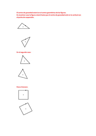 El centro de gravedad estará en el centro geométrico de las figuras.
En el primer caso la figura rotará hasta que el centro de gravedad esté en la vertical con
el punto de suspensión.
En el segundo caso:
Para el tercero:
 
