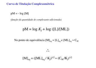 Curva de Titulação Complexométrica
pM = - log [M]
(função da quantidade de complexante adicionada)
pM = log Kf + log ([L]/[ML])
No ponto de equivalência [M]eq = [L]eq e [ML]eq ≈ CM
∴
[M]eq = ([ML]eq / Kf)1/2 ≈ (CM /Kf)1/2
 