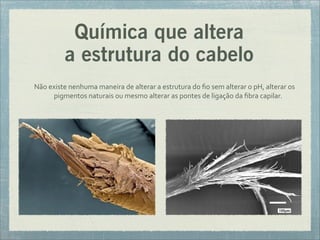 Química que altera
a estrutura do cabelo
Não	
  existe	
  nenhuma	
  maneira	
  de	
  alterar	
  a	
  estrutura	
  do	
  ﬁo	
  sem	
  alterar	
  o	
  pH,	
  alterar	
  os	
  
pigmentos	
  naturais	
  ou	
  mesmo	
  alterar	
  as	
  pontes	
  de	
  ligação	
  da	
  ﬁbra	
  capilar.
 