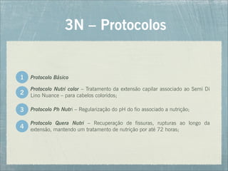 Protocolo Nutri color – Tratamento da extensão capilar associado ao Semi Di
Lino Nuance – para cabelos coloridos;
3N – Protocolos
2
Protocolo Básico
1
Protocolo Ph Nutri – Regularização do pH do fio associado a nutrição;
Protocolo Quera Nutri – Recuperação de fissuras, rupturas ao longo da
extensão, mantendo um tratamento de nutrição por até 72 horas;
3
4
 