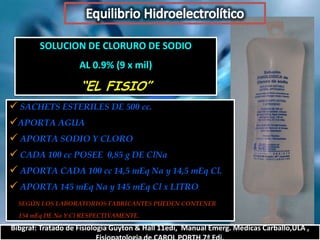 SOLUCION DE CLORURO DE SODIO
                   AL 0.9% (9 x mil)

                   “EL FISIO”
 SACHETS ESTERILES DE 500 cc.
APORTA AGUA
 APORTA SODIO Y CLORO
 CADA 100 cc POSEE 0,85 g DE ClNa
 APORTA CADA 100 cc 14,5 mEq Na y 14,5 mEq Cl.
 APORTA 145 mEq Na y 145 mEq Cl x LITRO
 SEGÚN LOS LABORATORIOS FABRICANTES PUEDEN CONTENER
  154 mEq DE Na Y Cl RESPECTIVAMENTE.


                                                      Prof. Dr. Luis del Rio Diez
 