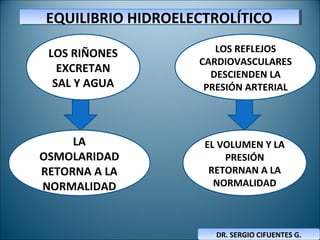 EQUILIBRIO HIDROELECTROLÍTICOEQUILIBRIO HIDROELECTROLÍTICO
DR. SERGIO CIFUENTES G.DR. SERGIO CIFUENTES G.
LOS RIÑONES
EXCRETAN
SAL Y AGUA
LOS REFLEJOS
CARDIOVASCULARES
DESCIENDEN LA
PRESIÓN ARTERIAL
LA
OSMOLARIDAD
RETORNA A LA
NORMALIDAD
EL VOLUMEN Y LA
PRESIÓN
RETORNAN A LA
NORMALIDAD
 