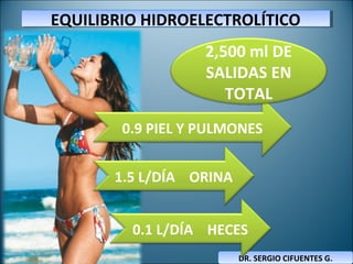 EQUILIBRIO HIDROELECTROLÍTICOEQUILIBRIO HIDROELECTROLÍTICO
DR. SERGIO CIFUENTES G.DR. SERGIO CIFUENTES G.
0.9 PIEL Y PULMONES
1.5 L/DÍA ORINA
2,500 ml DE
SALIDAS EN
TOTAL
0.1 L/DÍA HECES
 