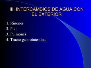 III. INTERCAMBIOS DE AGUA CON EL EXTERIOR 1 . Riñones 2 . Piel 3 . Pulmones 4 . Tracto gastrointestinal 