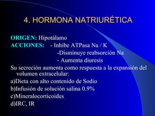 4. HORMONA NATRIURÉTICA ORIGEN:  Hipotálamo ACCIONES:   - Inhibe ATPasa Na / K -Disminuye reabsorci ón Na -  Aumenta diuresis Su secreción aumenta como respuesta a la expansión del volumen extracelular: a)Dieta con alto contenido de Sodio b)Infusión de solución salina 0.9% c)Mineralocorticoides d)IRC, IR 