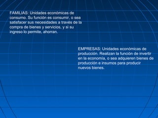 EMPRESAS: Unidades económicas de
producción. Realizan la función de invertir
en la economía, o sea adquieren bienes de
producción e insumos para producir
nuevos bienes.
FAMILIAS: Unidades económicas de
consumo. Su función es consumir, o sea
satisfacer sus necesidades a través de la
compra de bienes y servicios, y si su
ingreso lo permite, ahorran.
 