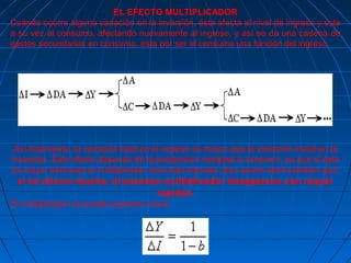 EL EFECTO MULTIPLICADOR
Cuando ocurre alguna variación en la inversión, ésta afecta al nivel de ingreso y este
a su vez al consumo, afectando nuevamente al ingreso, y así se da una cadena de
gastos secundarios en consumo, esto por ser el consumo una función del ingreso.
Así finalmente, la variación total en el ingreso es mayor que la variación inicial en la
inversión. Este efecto depende de la propensión marginal a consumir, ya que si ésta
es mayor entonces el multiplicador será más elevado. Eso quiere decir también que:
si se ahorra mucho, el proceso multiplicador desaparece con mayor
rapidez.
El multiplicador se puede expresar como:
 