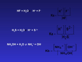 HF + H2
O H+
+ F-
[ ]HF
FH
Ka



 −



 +
=
H2
S + H2
O H+
+ S 2-
[ ]SH
SH
Ka
2
2



 −



 +
=
NH4
OH + H2
O  NH4
+
+ OH-

[ ]OHNH
OHNH
Kb
4
4 


 −



 +
=
 