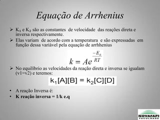 Equilíbrio Químico E CinéticaA velocidade reação direta v1, é função das concentrações  dos reagentes A e B na mistura  reacional:  V₁ = k₁[A].[B]