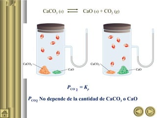 PCO 2
= Kp
CaCO3 (s) CaO (s) + CO2 (g)
PCO2 No depende de la cantidad de CaCO3 o CaO
 