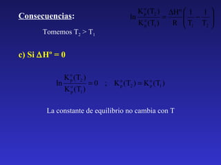 K o (T2 )
p

Consecuencias:
Tomemos T2 > T1

∆H º  1 1 
 − 
ln o
=
K p (T1 )
R  T1 T2 



c) Si ∆Hº = 0
ln

K o (T2 )
p
K o (T1 )
p

= 0 ; K o (T2 ) = K o (T1 )
p
p

La constante de equilibrio no cambia con T

 