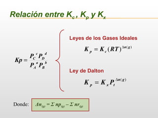 Relación entre Kc , Kp y Kx
)(gn
txp PKK
∆
=
)(
)( gn
cp RTKK ∆
=
Leyes de los Gases Ideales
Ley de Dalton
b
B
a
A
d
D
c
C
PP
PP
Kp =
Donde: Δn(g) = Σ np(g) – Σ nr(g)
 