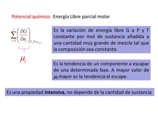 Potencial químico: Energía Libre parcial molar
i

Es una propiedad intensiva, no depende de la cantidad de sustancia
Es la variación de energía libre G a P y T
constante por mol de sustancia añadida a
una cantidad muy grande de mezcla tal que
la composición sea constante.
Es la tendencia de un componente a escapar
de una determinada fase. A mayor valor de
i mayor es la tendencia al escape.
 