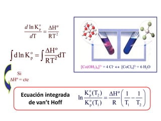 [Co(OH2)6]2+ + 4 Cl-  [CoCl4]2- + 6 H2O
Si
Hº = cte
o
p 2
o
p 1 1 2
K (T ) Hº 1 1
ln
K (T ) R T T
 

 
 
 
Ecuación integrada
de van’t Hoff
o
p
2
ln K Hº
T RT
d
d


o
p
Hº
dln K dT
RT


  2
 