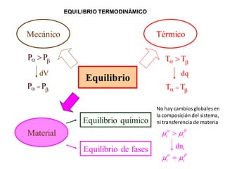 Equilibrio
Mecánico Térmico
Material
Equilibrio de fases
Equilibrio químico
T T
 

dq
T T
 

P P
 

dV
P P
 

i i
 
 

dni
i i
 
 

EQUILIBRIO TERMODINÁMICO
No hay cambiosglobales en
lacomposición del sistema,
ni transferencia de materia
 