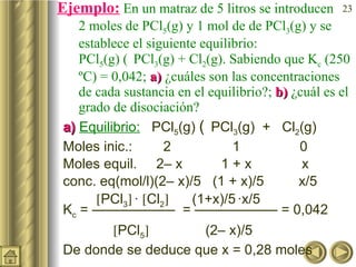 Ejemplo:  En un matraz de 5 litros se introducen 2  moles de PCl 5 (g) y 1 mol de de PCl 3 (g) y se establece el siguiente equilibrio:  PCl 5 (g)    PCl 3 (g) + Cl 2 (g). Sabiendo que K c  (250 ºC) = 0,042;  a)  ¿cuáles son las concentraciones de cada sustancia en el equilibrio?;  b)  ¿cuál es el grado de disociación? a)   Equilibrio:   PCl 5 (g)    PCl 3 (g)  +  Cl 2 (g) Moles inic.:  2   1   0 Moles equil.  2– x  1 + x  x conc. eq(mol/l)(2– x)/5  (1 + x)/5  x/5  PCl 3    ·   Cl 2    (1+x)/5   ·x/5  K c  = ——————  = —————— = 0,042     PCl 5    (2– x)/5  De donde se deduce que x = 0,28 moles 
