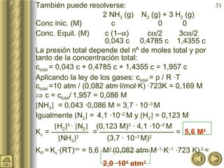 También puede resolverse: 2 NH 3  (g)    N 2  (g) + 3 H 2  (g) Conc inic. (M)   c   0   0 Conc. Equil. (M)  c (1–  )  c  /2  3c  /2   0,043 c  0,4785 c  1,4355 c La presión total depende del nº de moles total y por tanto de la concentración total: c total  = 0,043 c + 0,4785 c + 1,4355 c = 1,957 c Aplicando la ley de los gases: c total  = p / R ·T  c total  =10 atm / (0,082 atm·l/mol·K) ·723K   =   0,169 M    c = c total /   1,957 = 0,086 M  NH 3    = 0,043 ·0,086 M = 3,7 · 10 –3  M Igualmente   N 2   =   4,1 ·10 –2  M y   H 2   = 0,123 M  H 2  3  ·   N 2    (0,123 M) 3  · 4,1 ·10 –2  M K c  = —————  = —————————— =  5,6 M 2    NH 3  2     (3,7 · 10 –3  M) 2  K P  =   K c ·(RT)  n  = 5,6 ·M 2  (0,082 atm·M –1 ·K –1  ·723 K)  2  = 2,0 ·10 4  atm 2 