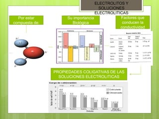 ELECTROLITOS Y
SOLUCIONES
ELECTROLITICAS
Por estar
compuesta de:
Su importancia
Biológica
Factores que
conducen la
conductividad
PROPIEDADES COLIGATIVAS DE LAS
SOLUCIONES ELECTROLITICAS
 