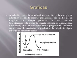  A relación entre la velocidad de reacción y la energía de 
activación se puede ilustrar gráficamente por medio de un 
diagrama de energía potencial de una reacción. 
Este diagrama es la gráfica de energía potencial vs la coordenada 
de reacción, que a su vez representa el progreso de la reacción 
según pasa de reactantes a productos. La siguiente figura 
muestra un diagrama típico: 
 