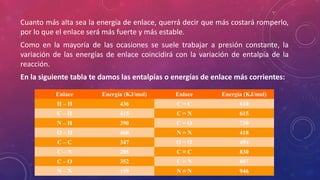 Cuanto más alta sea la energía de enlace, querrá decir que más costará romperlo, 
por lo que el enlace será más fuerte y más estable. 
Como en la mayoría de las ocasiones se suele trabajar a presión constante, la 
variación de las energías de enlace coincidirá con la variación de entalpía de la 
reacción. 
En la siguiente tabla te damos las entalpías o energías de enlace más corrientes: 
Enlace Energía (KJ/mol) Enlace Energía (KJ/mol) 
H – H 436 C = C 610 
C – H 415 C = N 615 
N – H 390 C = O 730 
O – H 460 N = N 418 
C – C 347 O = O 494 
C – N 285 C ≡ C 830 
C – O 352 C ≡ N 887 
N – N 159 N ≡ N 946 
 