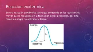 Reacción exotérmica 
En una reacción exotérmica la energía contenida en los reactivos es 
mayor que la requerida en la formación de los productos, por esta 
razón la energía no utilizada se libera. 
 